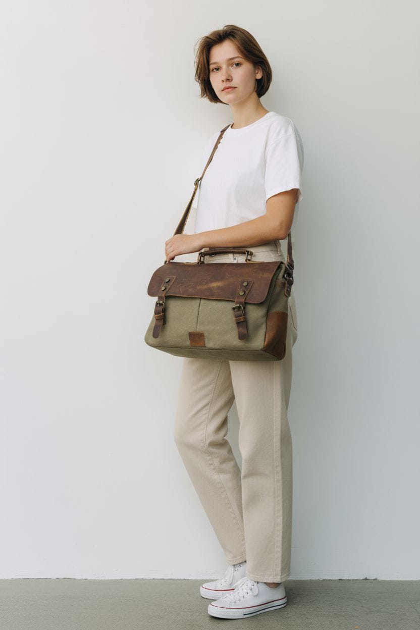 Multi-Leather Accent and Canvas Messenger Bag