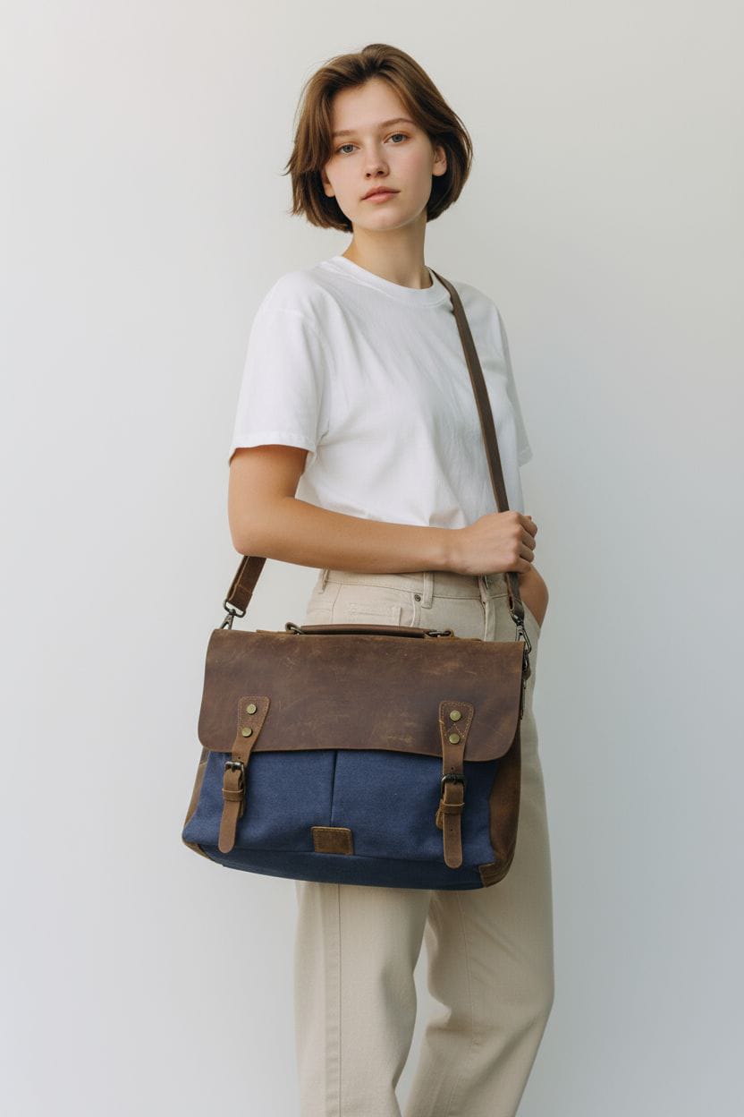 Multi-Leather Accent and Canvas Messenger Bag