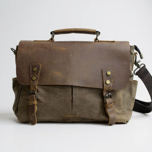 Canvas & Leather Messenger Bag with Pockets