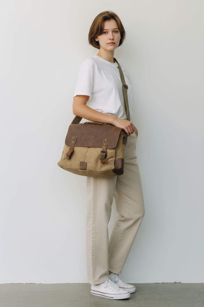 Multi-Leather Accent and Canvas Messenger Bag