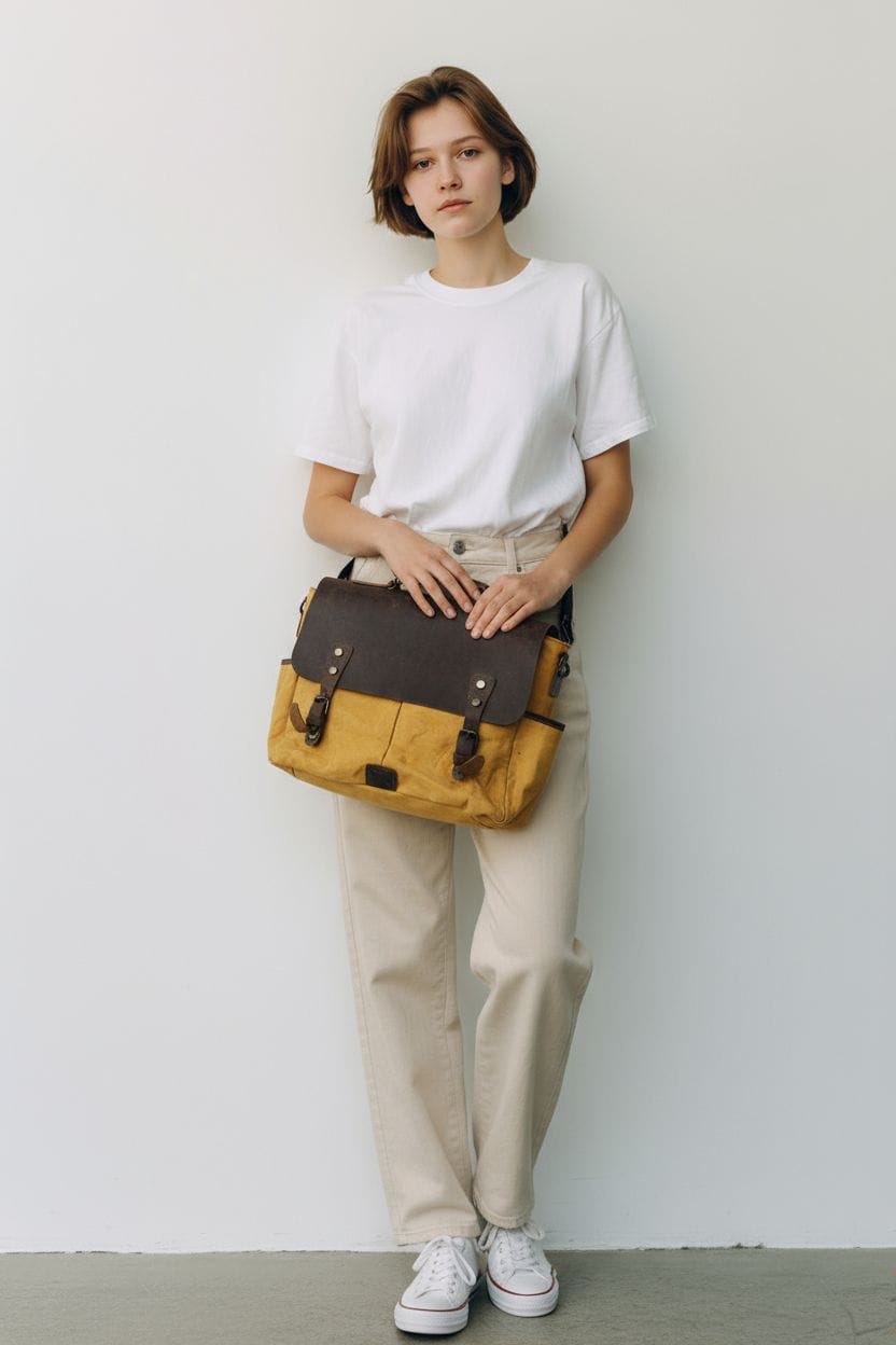 Canvas & Leather Messenger Bag with Pockets